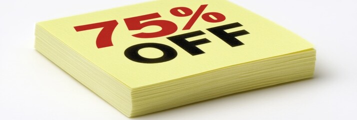 Studio Shot of a Square Note Featuring 75 Off in Black and Red Text on a White Background