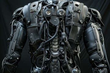 Fototapeta premium Futuristic exoskeleton suit standing, showing its complex mechanics and design