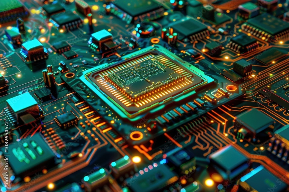 Aufkleber A close-up view of a modern computer circuit board illuminated by vibrant lights, showcasing intricate patterns and components during a tech-oriented exploration at night