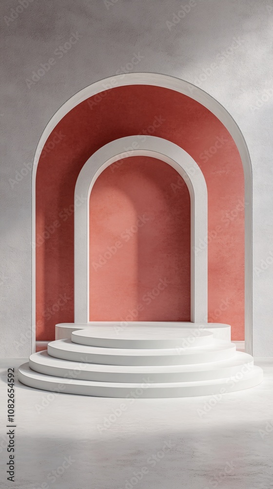 Poster white round podium displaying products on coral arch background