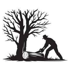 Lumberjack felling a tree silhouette vector art black color design and solid white background 