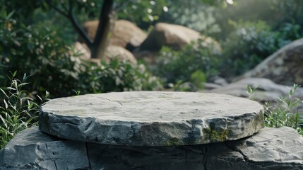 Podium Stage mockup with Stone and green tropical leaves background