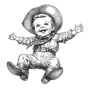 recommend clip art: Black and white line drawing of a happy baby cowboy, lying on his back with arms outstretched, wearing a cowboy hat, bandana, and boots.