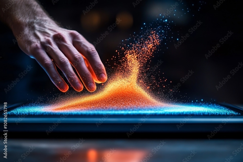 Poster High-tech holographic display showing the admixing of virtual substances with neon-colored particles blending