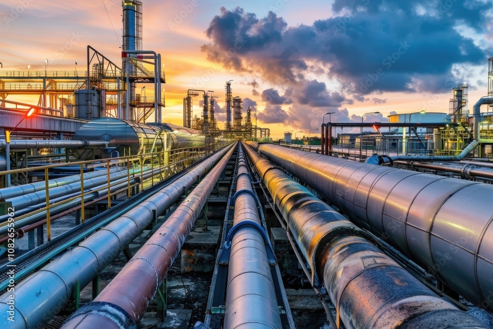 Poster aerial view of complex industrial piping system within a manufacturing facility showcasing interconn