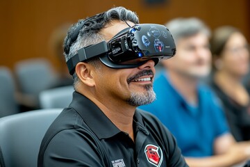 High-tech training session with virtual reality headsets and AI guidance, advanced tech surrounding participants