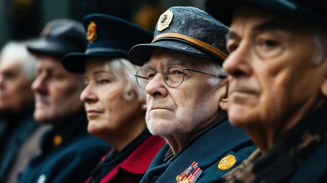 Elderly veterans in uniform, with military hats and badges, attending a commemorative event or ceremony, showcasing solemn expressions.
