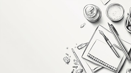 Elegant line art of stationery supplies, such as notebooks and fountain pens, featuring a clean and minimalist design on a light background.