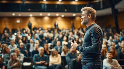 Man speaking with microphone in front of audience in lecture hall or conference setting