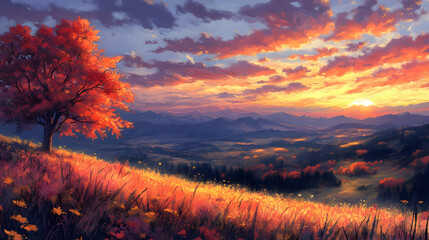 Obraz premium Illustration of Autumn Sunset over Mountain Valley