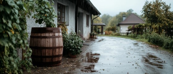 Set against a backdrop of green and grey, a rustic barrel and country home frame a damp rural path, embodying tranquil country living.