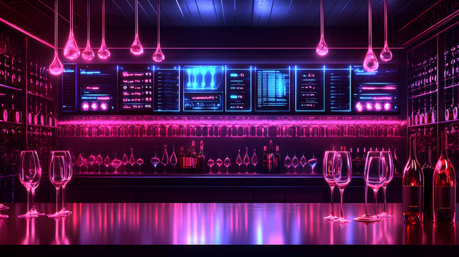 An innovative wine bar with interactive digital wine lists and bioluminescent pours, offering exquisite tastings style, isolated background. Exquisite. Illustration