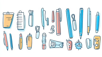 Obraz premium Line drawing doodles of stationery items, including pens, notebooks, and paperclips, set against a simple background for a clean, organized look.