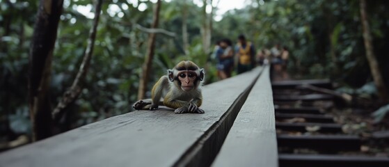Obraz premium A curious monkey perched on a wooden walkway peers ahead amidst lush greenery, capturing a moment of wonder in the jungle.