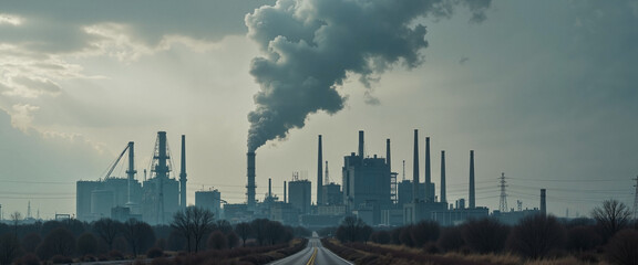 Fototapeta premium Industrial landscape with smoke emissions, somber mood, highlighting pollution from factories