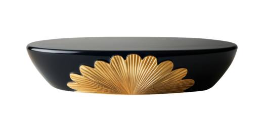 Sophisticated black and gold decorative table featuring a fan-shaped motif, adding elegance and luxury to interior spaces and contemporary decor themes. Isolated on transparent background, png.