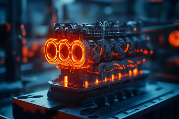 3D Illustration Glowing Engine, Pistons, Cylinders, Technology