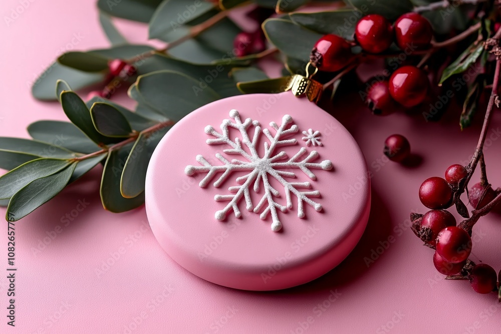 Poster minimalist illustration of a single round ornament with a tiny snowflake design, soft pastel colors