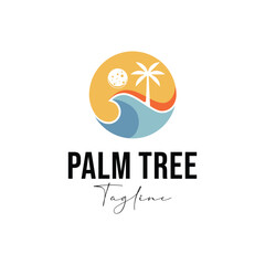 beach, water wave with palm tree logo design
