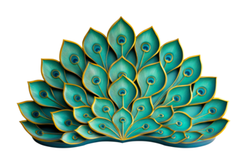 Stunning abstract display inspired by peacock feathers, featuring teal and gold hues, perfect for adding a luxurious and exotic touch to decor. Isolated on transparent background, png.