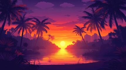 Obraz premium Tropical Sunset with Silhouetted Palm Trees and Vibrant Sky Reflected on Calm Waters, Capturing the Beautiful Colors of Orange, Purple, and Red Hues for a Perfect Beach Paradise Scene