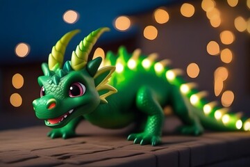 Obraz premium A vibrant green dragon toy with bright eyes and spiky horns placed among twinkling fairy lights at twilight