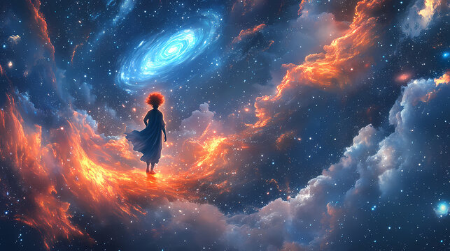 Closeup galaxy stars bright blue sky amazing exquisite swirls fire acid young clown floating space orange bifrost. Exquisite. Illustration