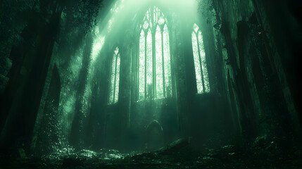 Obraz premium Gothic Cathedral Illustration Green Light Beams Dark Fantasy