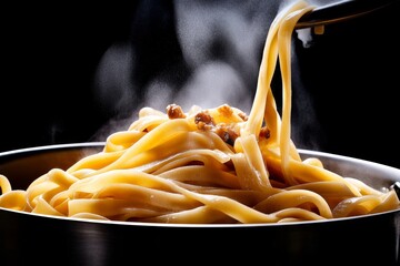 Parboiling pasta noodles in a deep pot with steam rising as they soften in boiling water