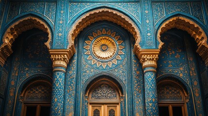 Obraz premium Ornate blue and gold facade with arched doorways and intricate floral patterns.