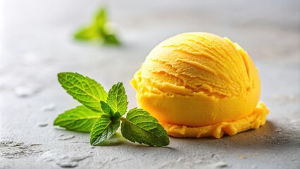 A single scoop of bright yellow ice cream with fresh mint leaves on a gray textured surface
