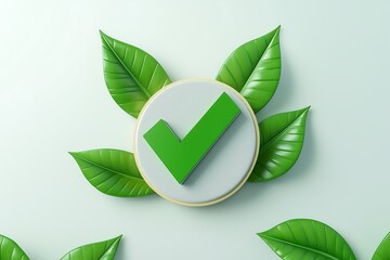 Obraz premium A green checkmark symbol surrounded by vibrant leaves, symbolizing eco-friendliness and approval.
