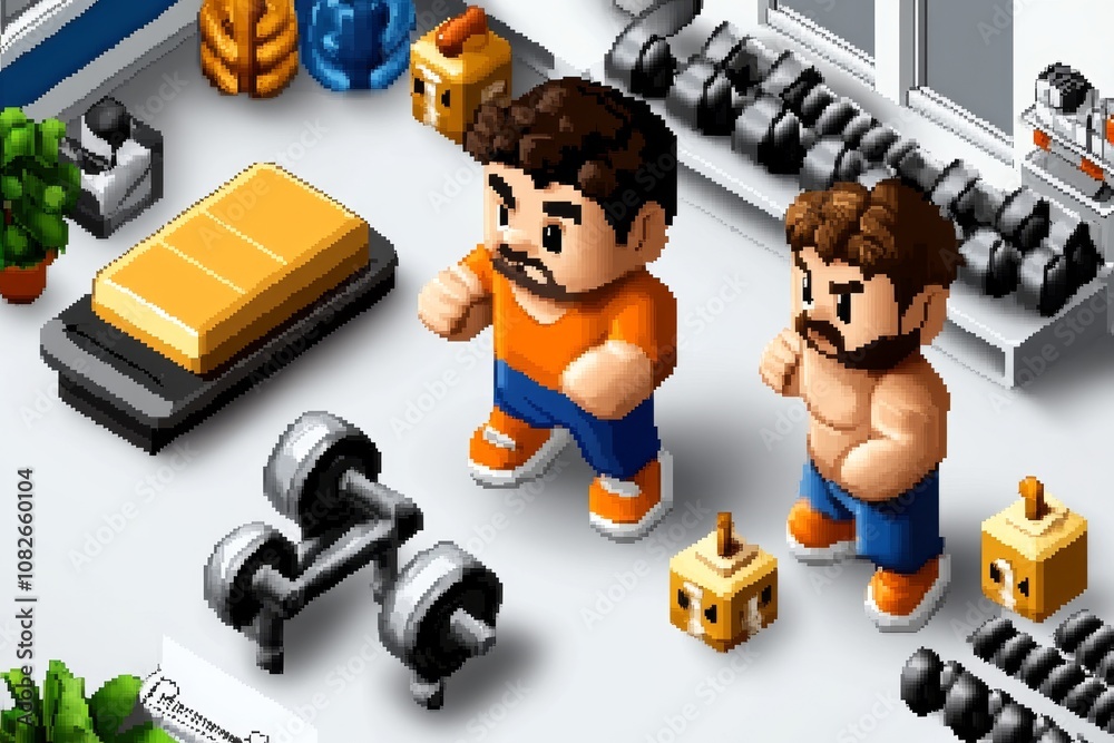 Poster Pixel art of a retro gym with tiny pixel characters lifting weights and running on treadmills, 8-bit style