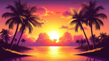 Vivid Sunset Over Calm Tropical Waters, Silhouetted Palm Trees in the Foreground, and a Brilliant Horizon with Orange, Red, and Purple Skies, Perfect for Coastal and Nature Themes