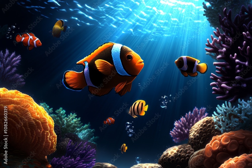 Poster pixel art of an underwater scene with colorful fish and coral, retro 8-bit style with bright blue ba