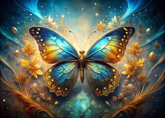 Surreal Fantasy Portrait of a Golden Blue Butterfly in an Abstract Nature Setting with Textured Design Elements for Enchanting Visual Art Lovers