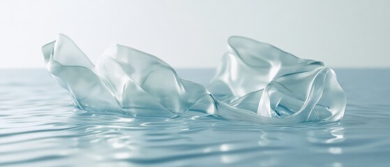 Fototapeta premium Translucent fabric gracefully floats on calm water, creating a serene and ethereal image of delicate movement.
