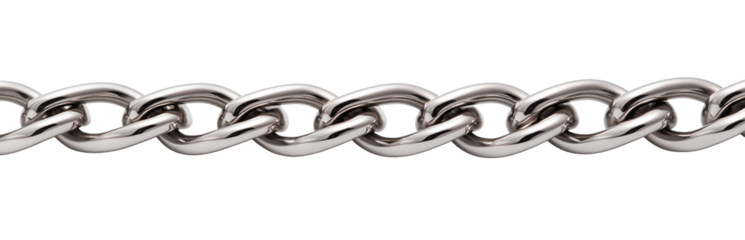 straight steel chain isolated on white transparent background. silver reflective chain. cut out
