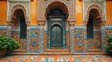 Obraz premium Ornate Moorish-style entrance to a building with colorful tilework and arched doorways.