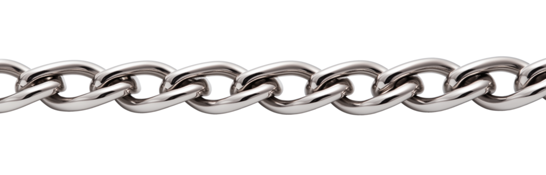 straight steel chain isolated on white transparent background. silver reflective chain. cut out