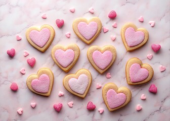 Obraz premium Surreal Stamped Heart Cut-Out Cookies with Pink Sugar on a Delicate Pink Marble Background, Perfect for Romantic Occasions and Sweet Treats, Emphasizing Whimsical Dessert Presentation
