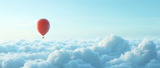 Fototapeta premium A solitary red balloon drifts gracefully above a sea of fluffy clouds, embodying freedom and dreamlike wonder.