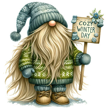 cozy winter gnome holding sign clip art preview