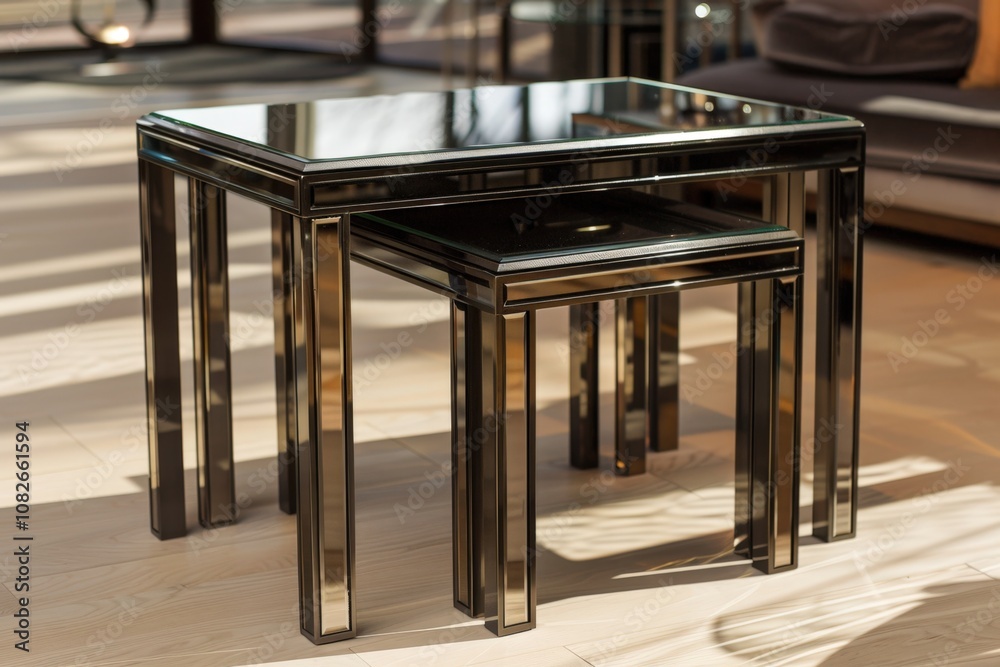 Poster Modern nested tables with reflective surfaces and sleek design displayed in a bright, stylish interior of a contemporary living room
