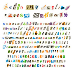 Anonymous color criminal small letters cut from newspapers and magazines. Cut out ransom vector letters alphabet. Blackmail or ransom kidnapper anonymous note font. Vector illustration.