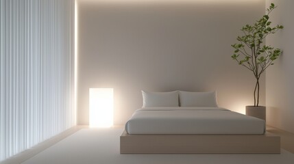 A white bedroom with a bed, a lamp, and a potted plant