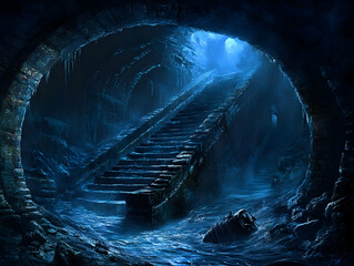 Illustration of Dark Cave, Stairs, Water, and Light