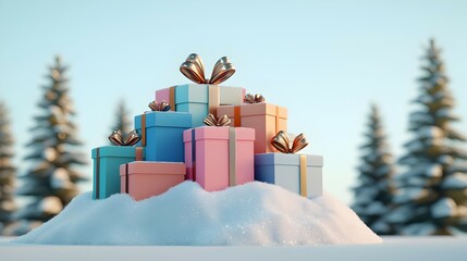 Festive Mountain of Gift Boxes Surrounded by Snow-Capped Pines - Colorful Wrapped Presents Sparkle in the Sunlight Perfect for Holiday Celebrations and Seasonal Promotions