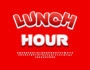 Vector creative poster Lunch Hour. White and Red Stylish Font. Set of  Unique Alphabet Letters and Numbers.
