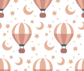 Baby shower girl and boy poster, vector templates. Pastel pattern with hot air balloons, moon, and stars in the sky, great for wallpaper, banner, invitation 
